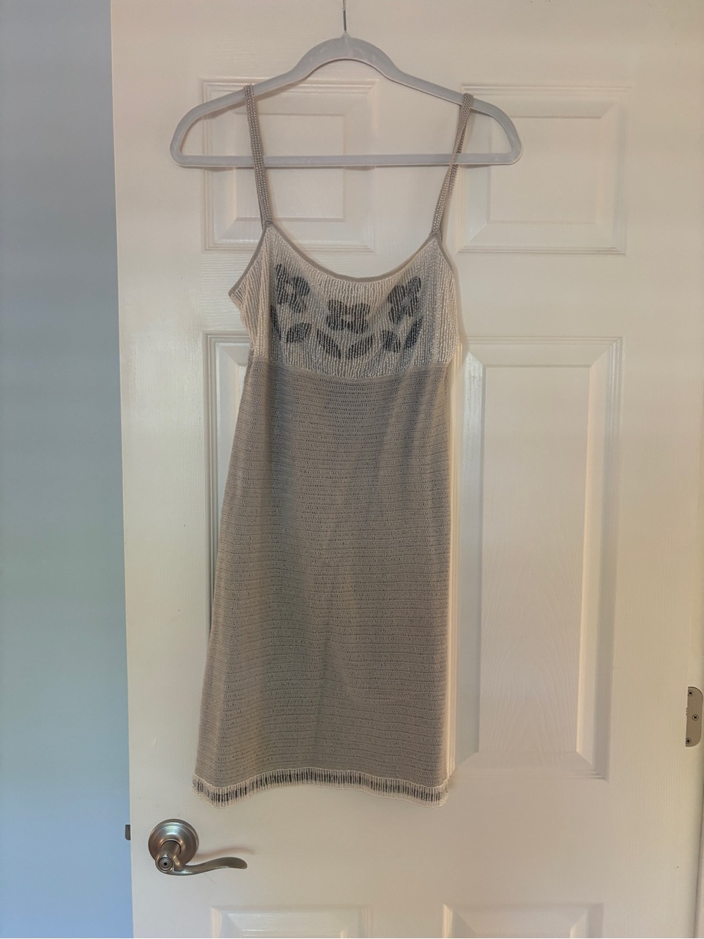 Sheer Knit Slip Dress with Floral Bust Detail - Cream